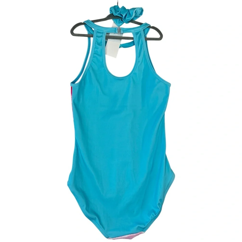 Leotard Girls 2XL (12-13Y) Sleeveless Joystream Pink Blue Gold w/scrunchie